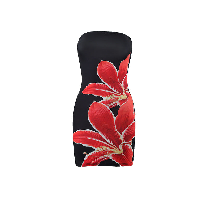Wholesale Sexy women's tube top flower print slim fit hip short dress